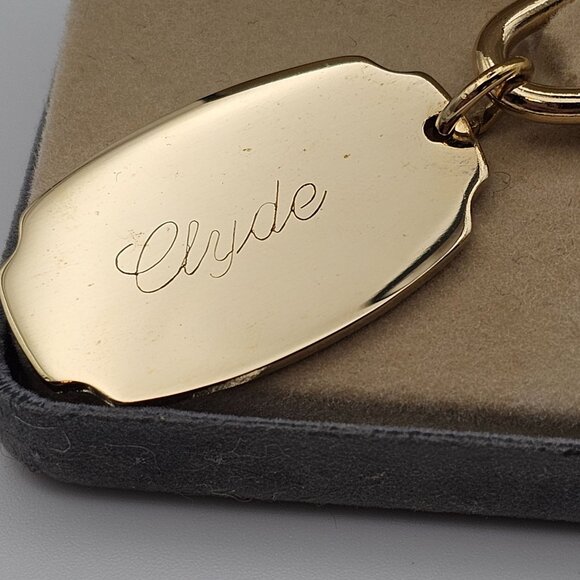 Foster Gold Tone Keychain "Clyde" Engraving In Original Box 3" Made in USA - Picture 2 of 16